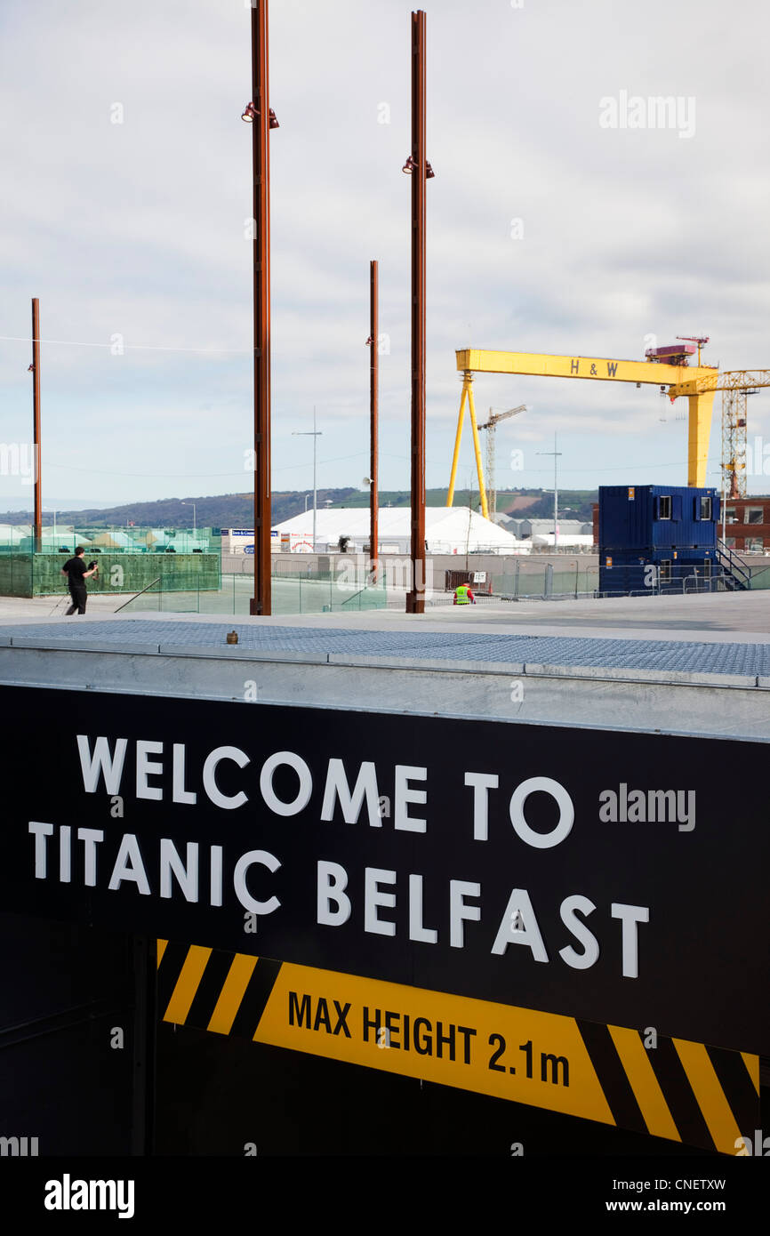 Ireland, North,  Belfast, Titanic Quarter, Welcome sign at the car park entrance of the visitor center. Stock Photo