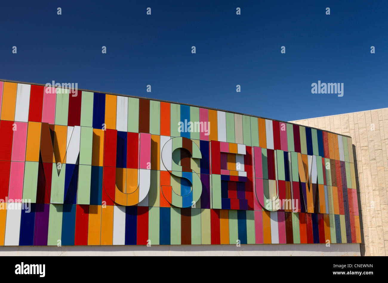 Colorful new front of the Waterloo Regional Museum on blue sky in Kitchener Ontario Canada Stock Photo