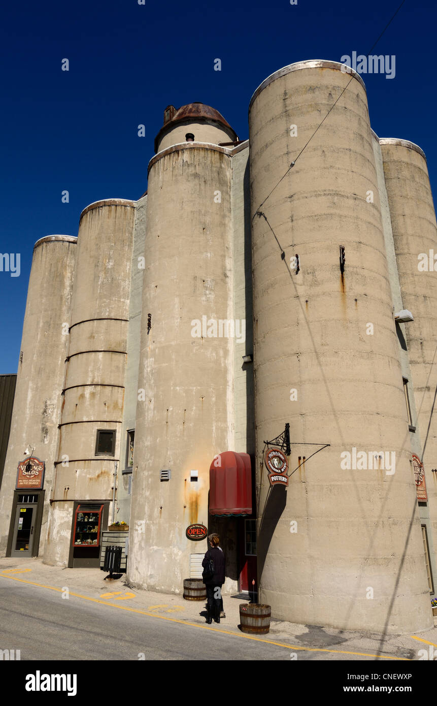 The Village Silos craft shops in a restored historic flour Mill with blue sky in St Jacobs Ontario Canada Stock Photo