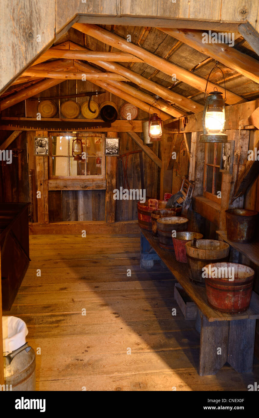 Maple syrup sugar shack wood cabin at The Mill museum in St Jacobs Ontario Stock Photo Alamy
