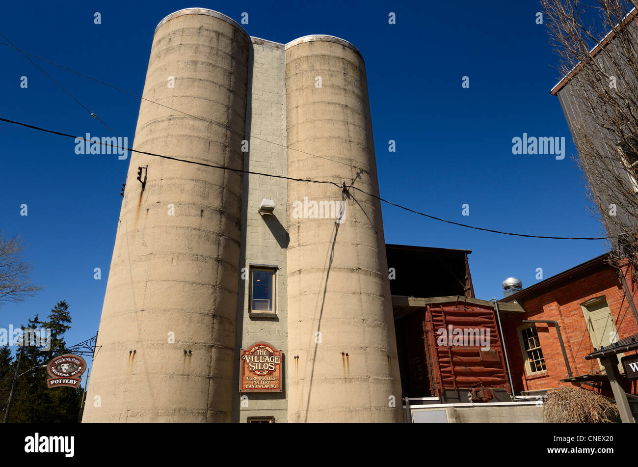 The Village Silos craft shops in historic flour Mill and rail car in St Jacobs Ontario Canada Stock Photo
