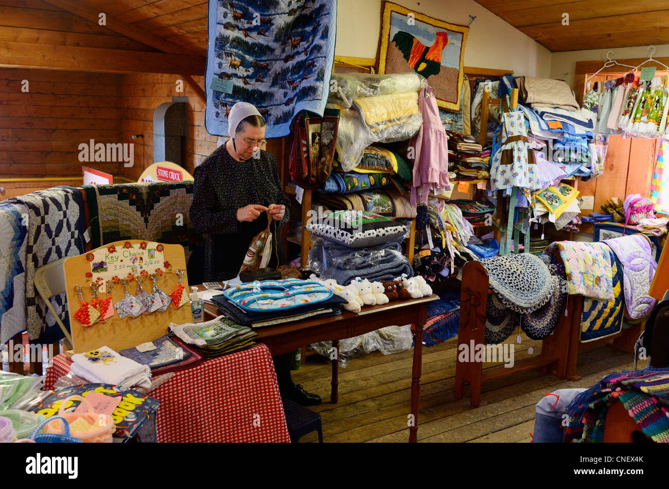 Handmade Mennonite quilt shop in the indoor St Jacobs Farmers Market building Ontario Stock Photo