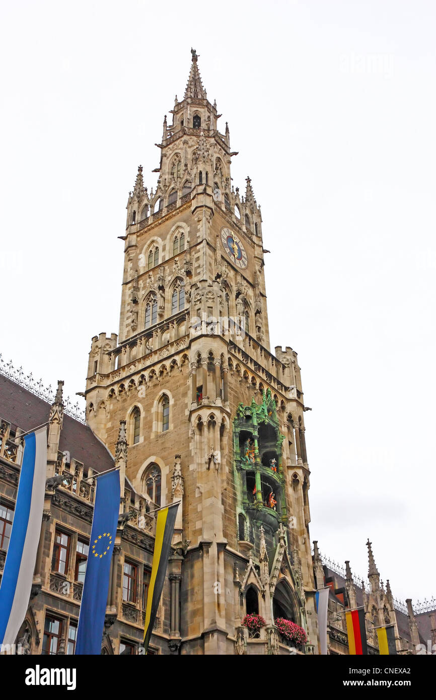 Main tower of the Munich city hall with Glockenspiel Stock Photo