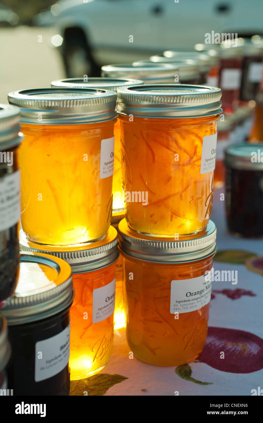 Fruit preserves for sale at a local farmer's market, Ringwood, New Jersey, USA Stock Photo