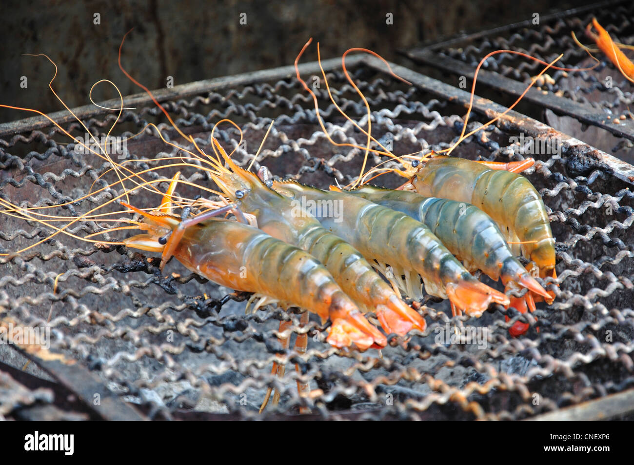 Tiger prawns cooking on grill in street seafood stall, Yaowarat Road (Chinatown), Samphanthawong District, Bangkok, Thailand Stock Photo