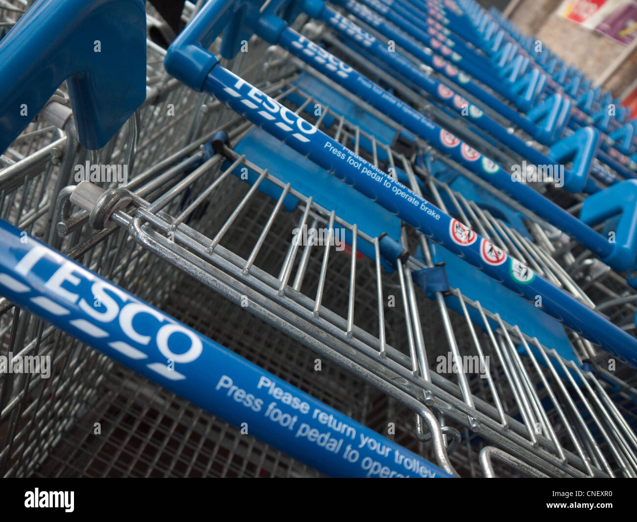 Welsh Tesco store trolleys Stock Photo Alamy