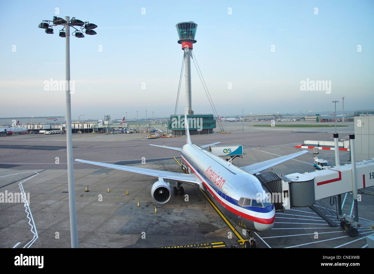 American Airlines aircraft at gate, Heathrow Airport. London Borough of