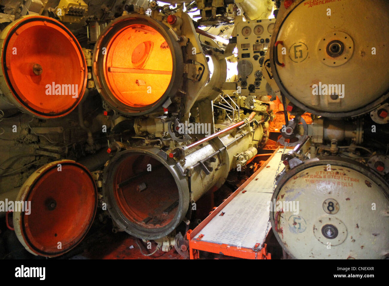 Inside the Foxtrot Russian Submarine in Seafront Museum in Zeebrugge, Belgium. Stock Photo