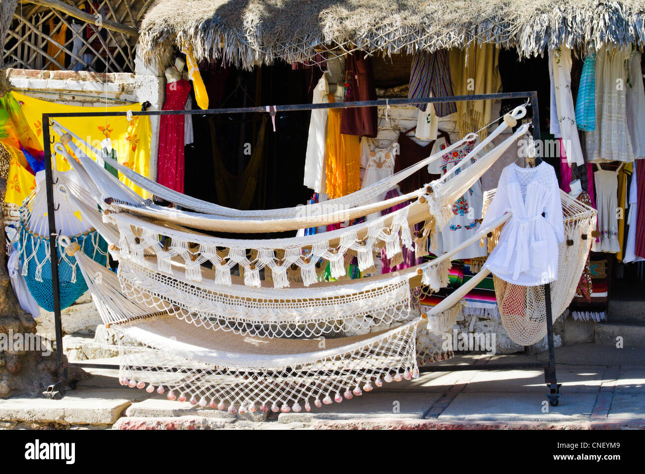 Shop selling clothes and hammocks in Todos Santos, Baja, Mexico Stock Photo