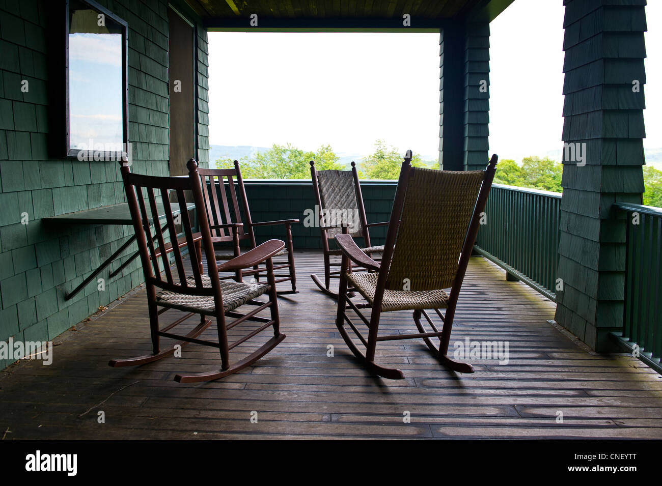 Rocking chairs on veranda of Naulakha, Rudyard Kipling house, Brattleboro Vermont Stock Photo