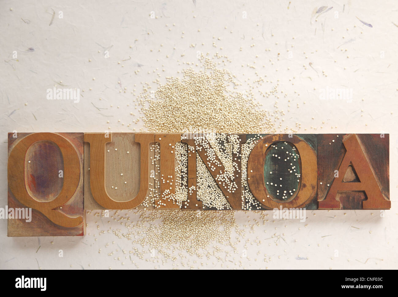 the word quinoa in old wood type with grains Stock Photo Alamy