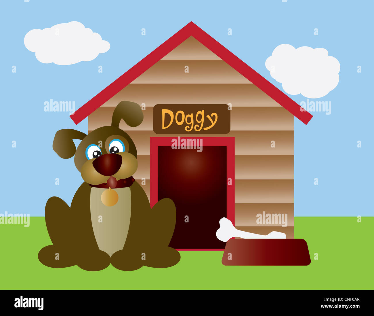 Cute Puppy Dog with Dog Bone in Dish and Dog House Illustration Stock Photo