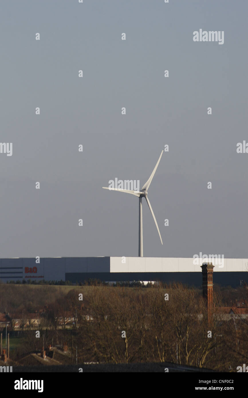 wind turbine at B & Q distribution centre, Manton Wood, Worksop, Nottinghamshire, England Stock Photo