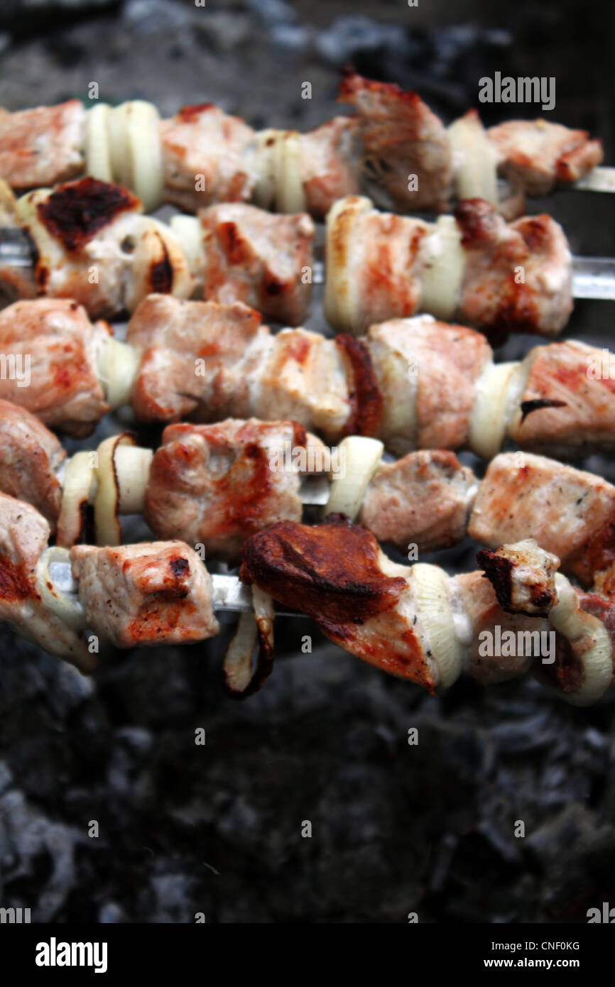 traditional eastern food shashlyck on mangal Stock Photo