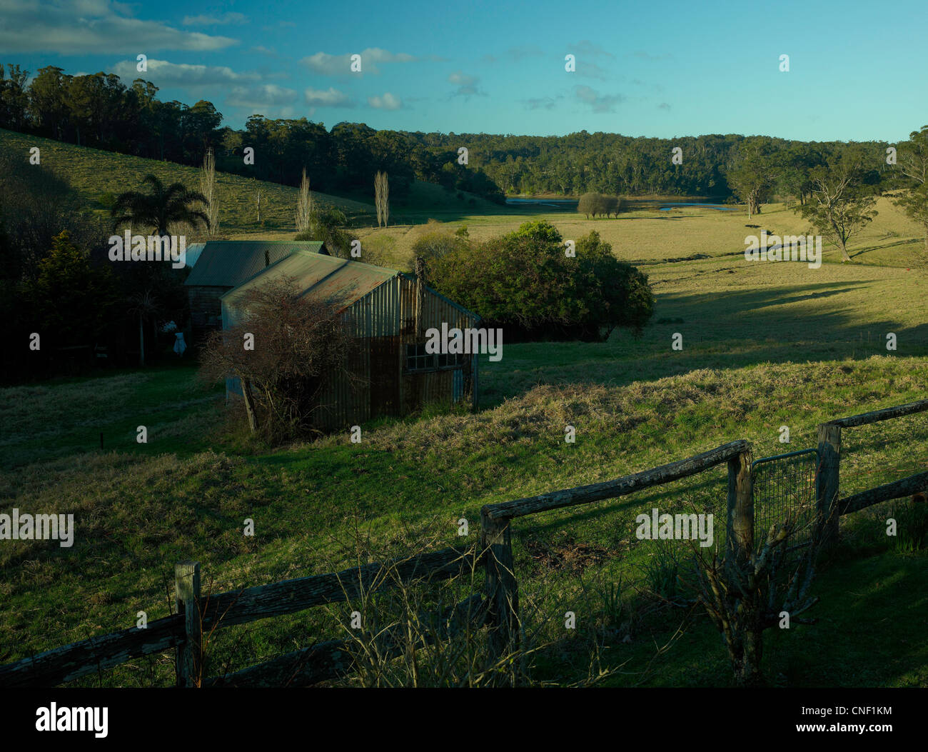 Late afternoon view over farm near Tilba Stock Photo