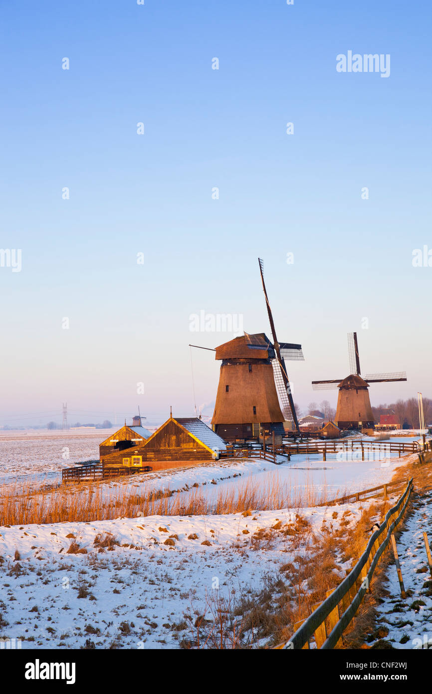 Windmills in winter time with snow and blue sky Stock Photo