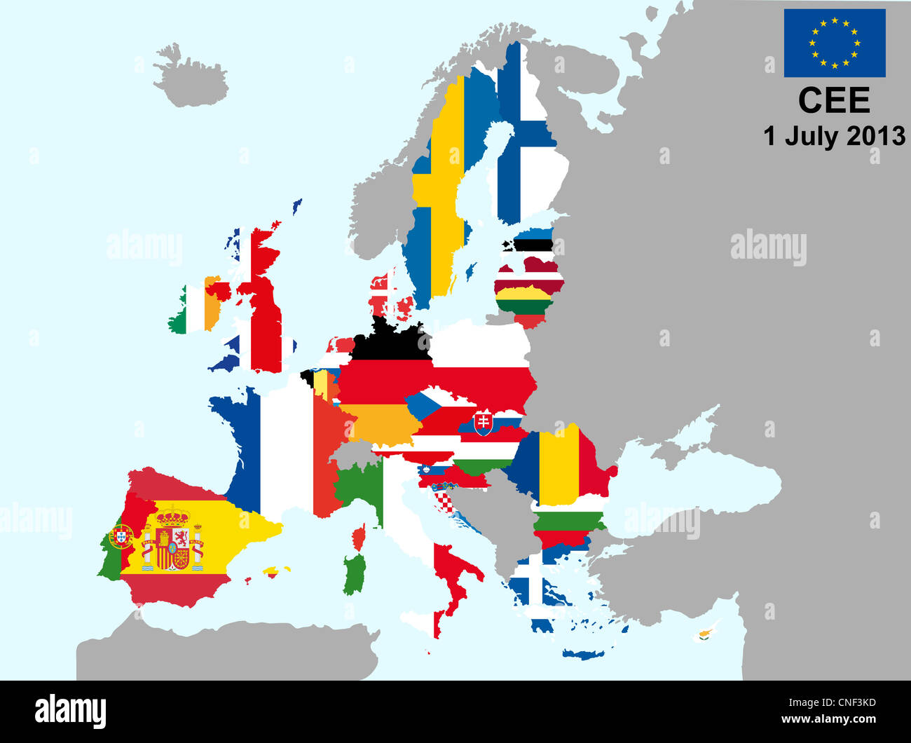 illustration of european union map with flags, from 1 july 2013 Stock