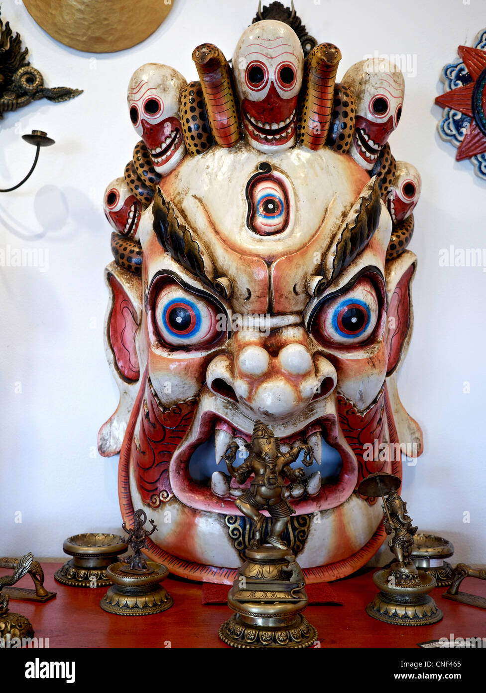 Tsechu mask. Bhutanese Himalayan Tsechu ornamental masks to ward off evil spirits Stock Photo