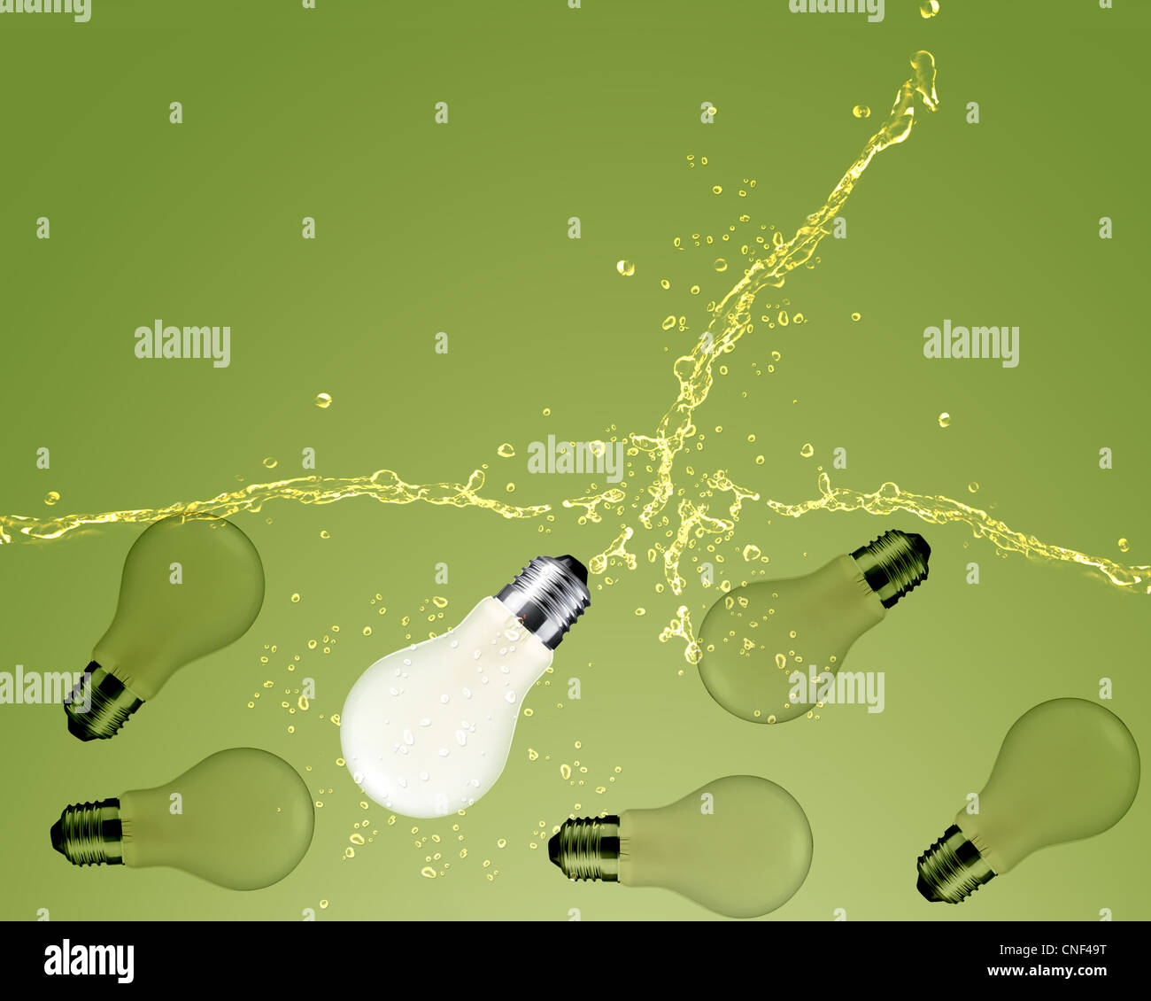 glowing Light bulb between turned off Light bulb with water splash