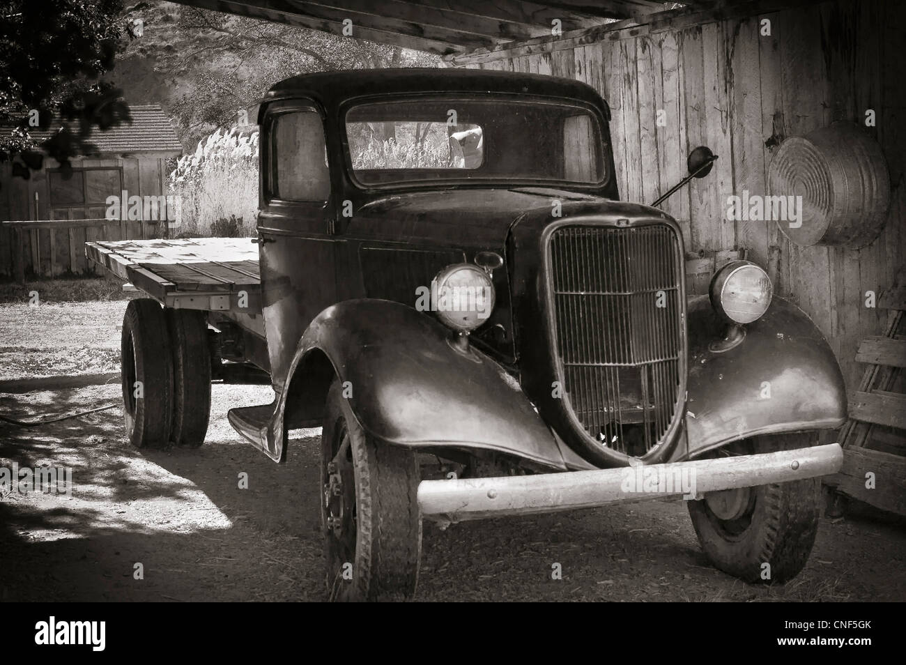 American Vintage truck year 1930, on a barn of Utah, USA - black and white picture Stock Photo