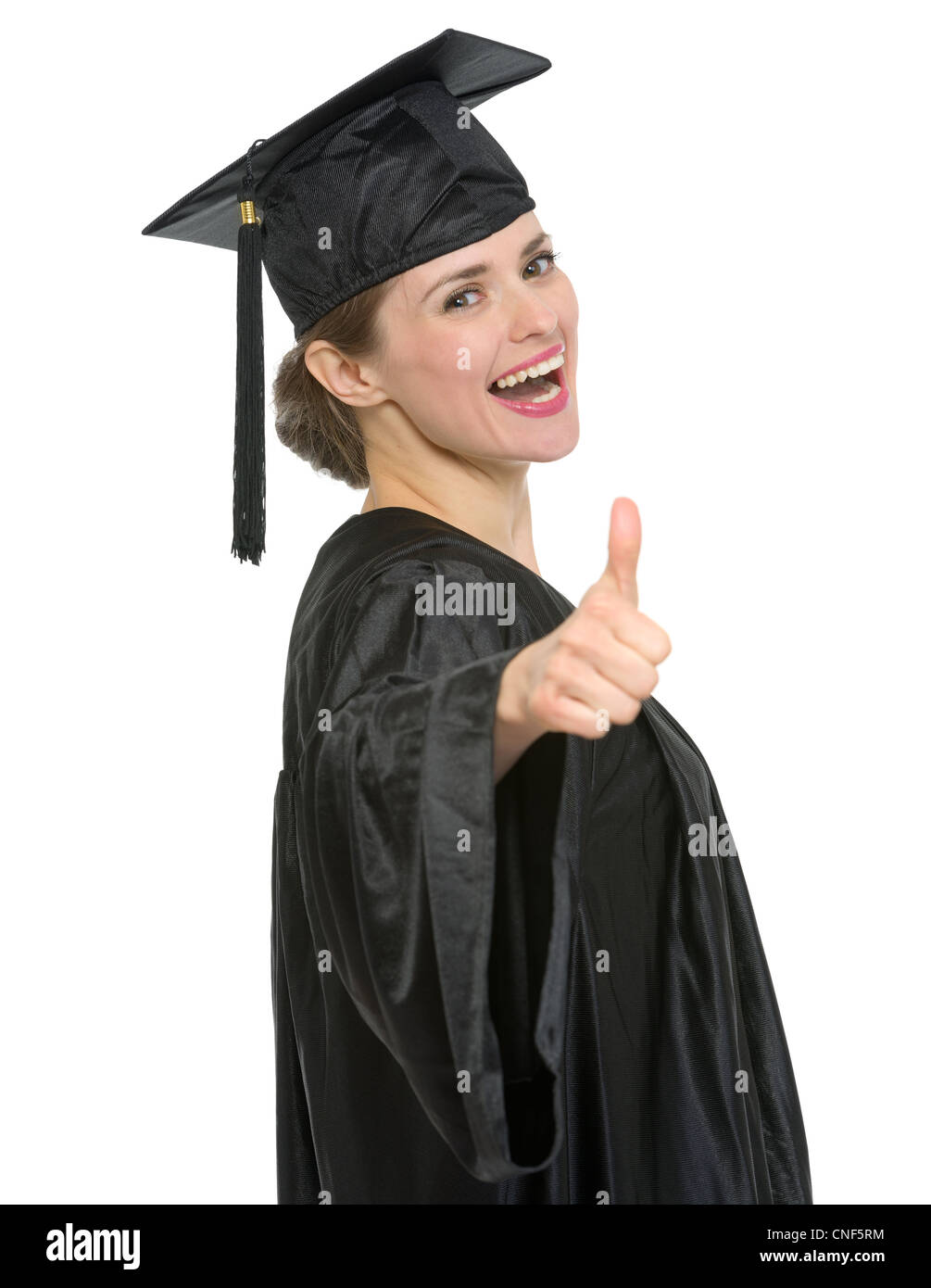 Smiling graduation student woman showing thumbs up. HQ photo. Not ...
