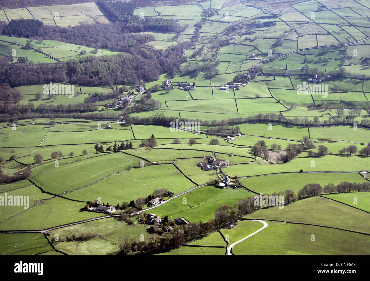aerial view of English rural scenery with fields bounded by dry stone walls Stock Photo