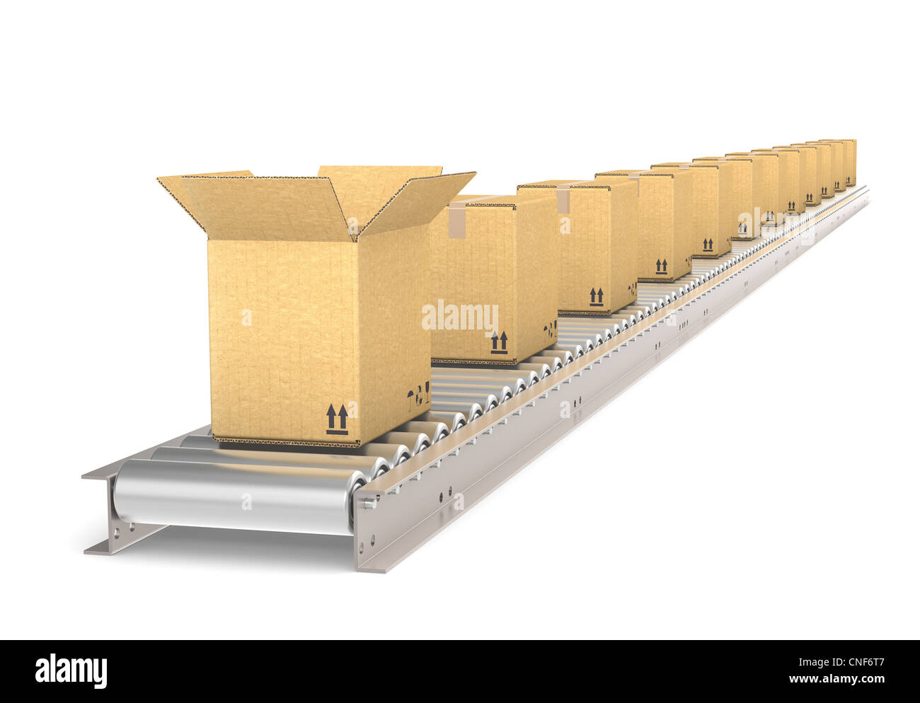 Perspective view of a Conveyor Belt of steel with boxes. Front box open. Part of warehouse and