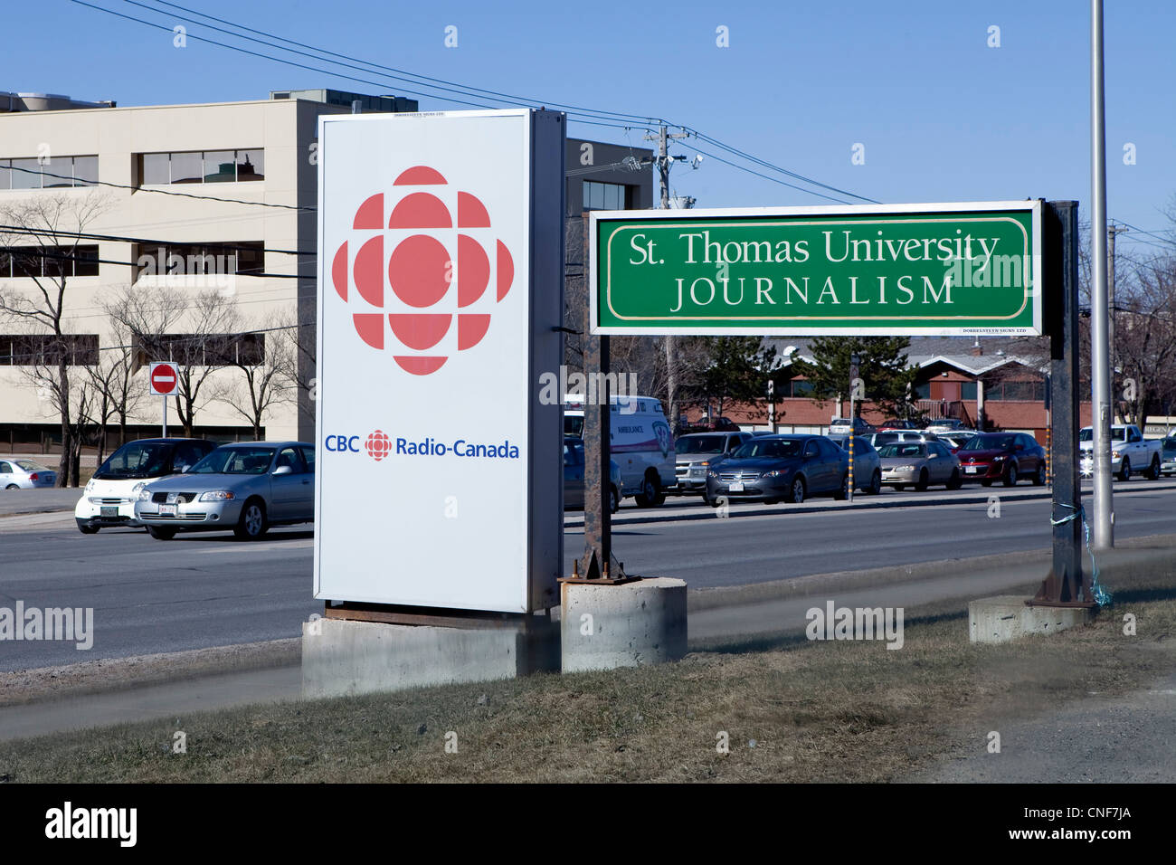 CBC / Radio Canada studio and St. Thomas journalism University are pictured in Fredericton, New Brunswick Stock Photo
