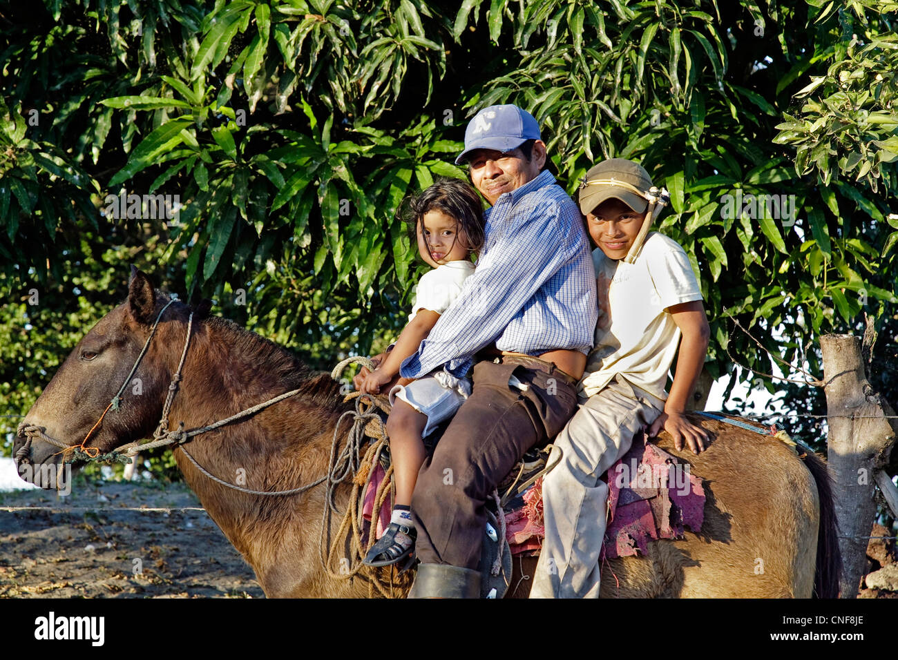 Nicaragua Isla Ometepe Lake Nicaragua happy cowboy family riding horse together after getting cattle back to the farm Stock Photo