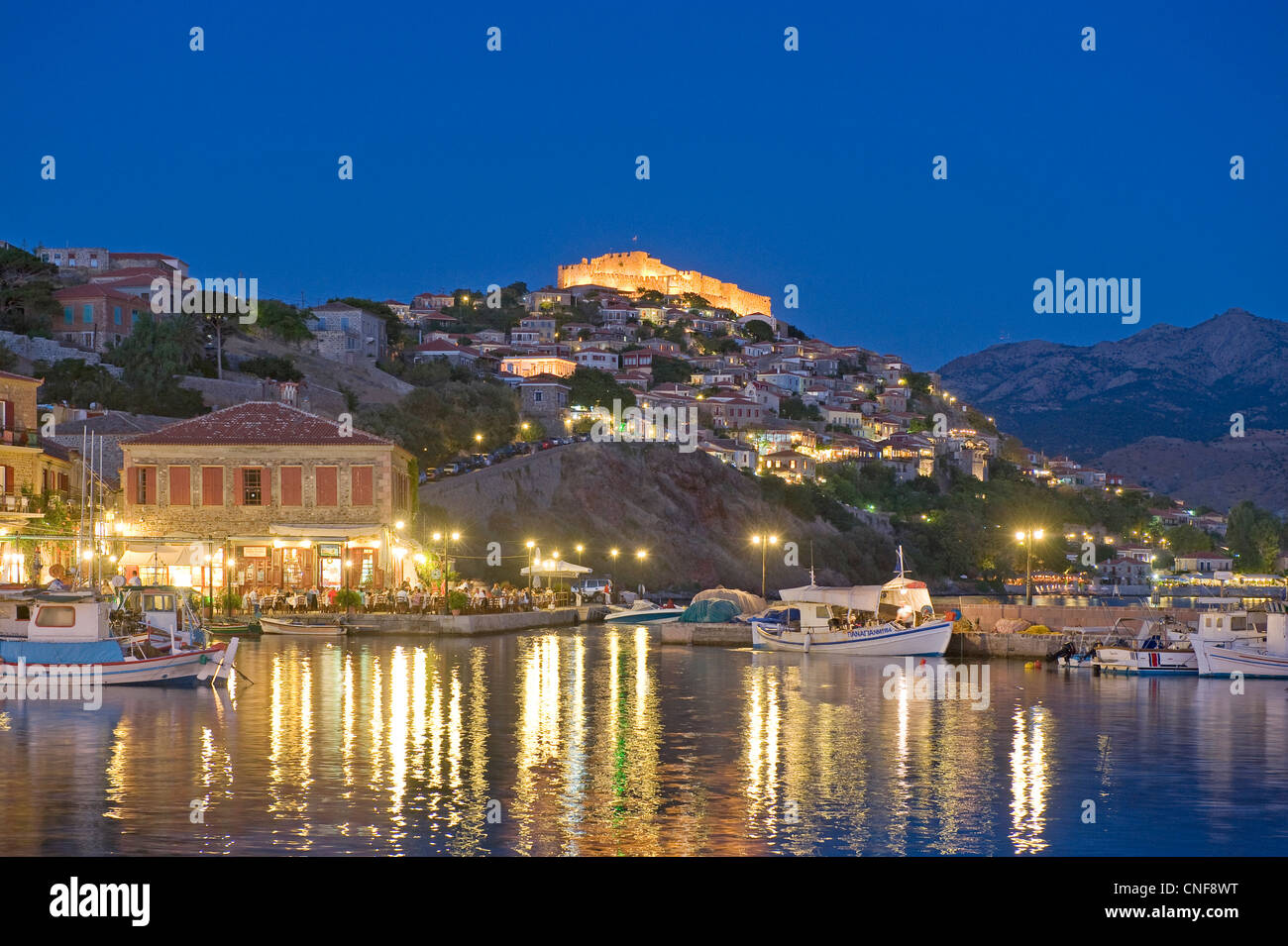 Molyvos castle and harbor at dusk Lesbos Greece Stock Photo - Alamy