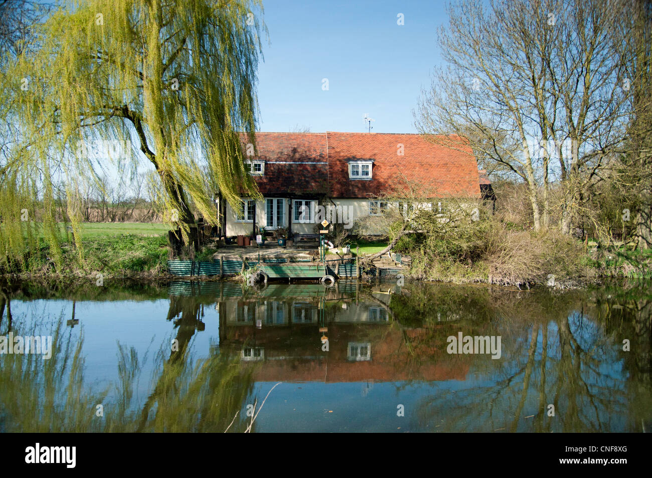 Cottage with mooring and tree on river Chelmer Stock Photo Alamy