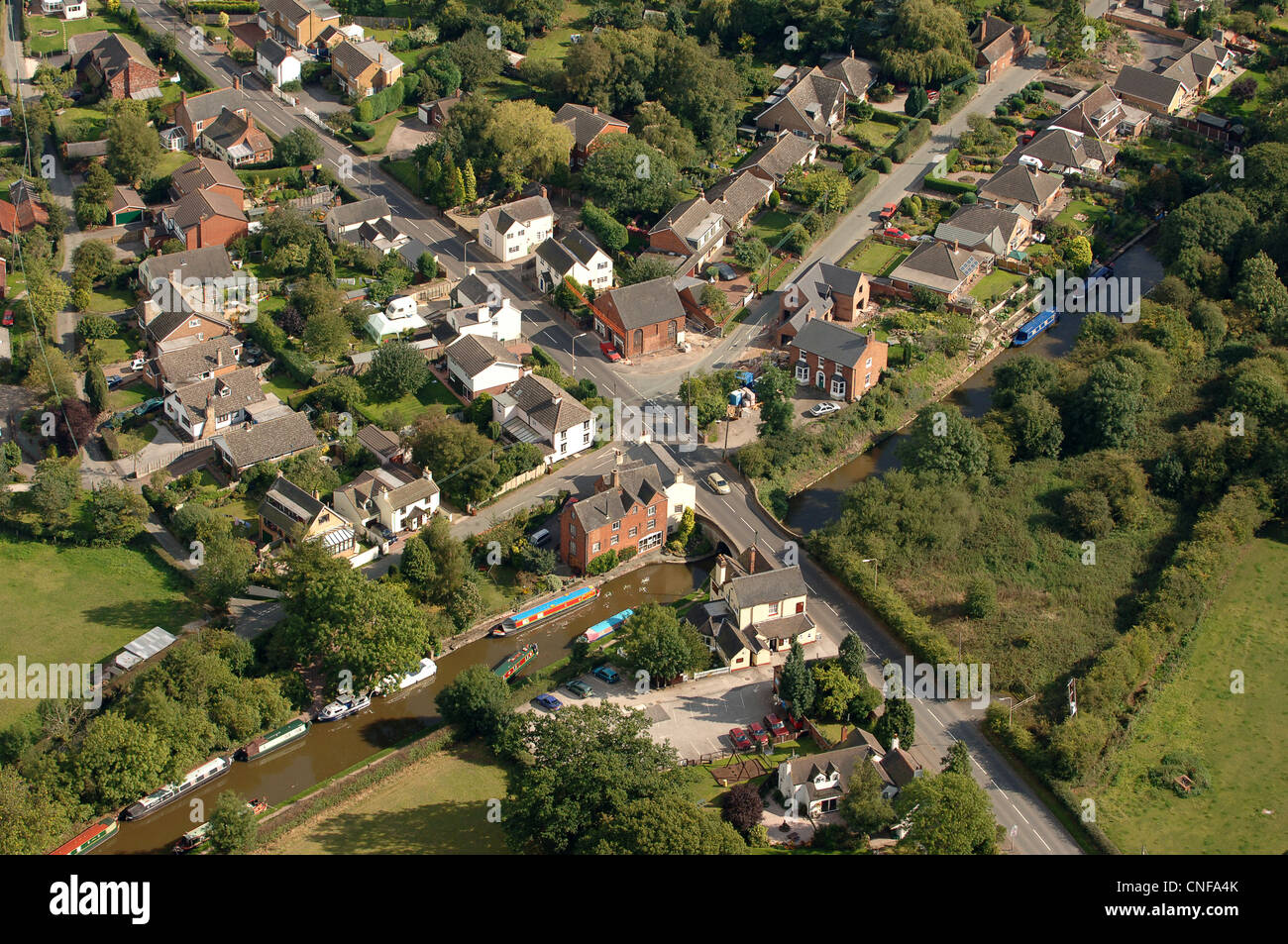 Aerial view of Gnosall in Staffordshire with Navigation Inn next to the