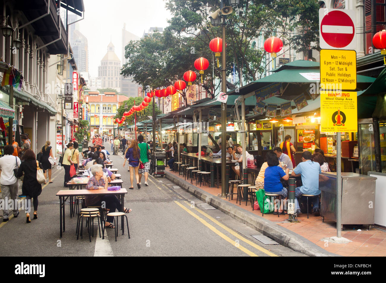A view of hawker center in Chinatown of Singapore, selling street food