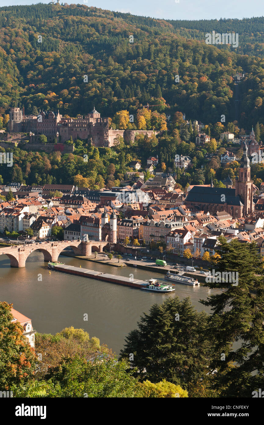 VIew of Heidelberg's Old Town, Neckar River and barge from the Philosophenweg (Philosophers Way), Heidelberg, Germany. Stock Photo