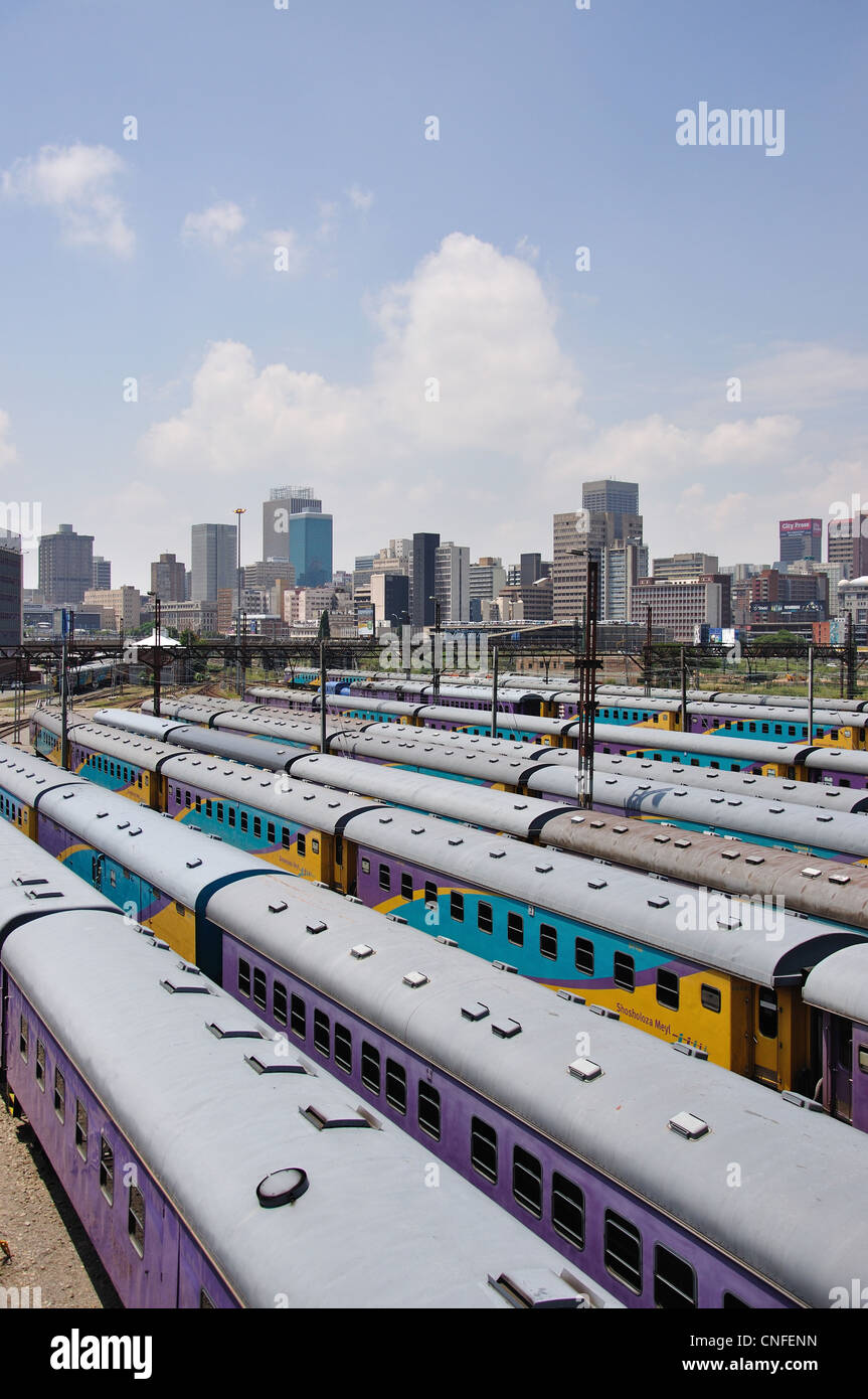 Shosholoza Meyl train carriages & city downtown from The Nelson Mandela Bridge, Johannesburg, Gauteng, Republic of South Africa Stock Photo