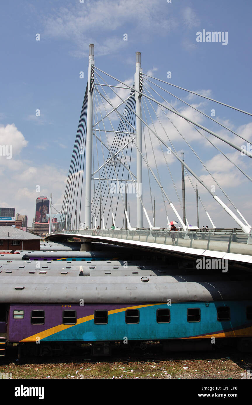 Shosholoza Meyl train carriages & city downtown from The Nelson Mandela Bridge, Johannesburg, Gauteng, Republic of South Africa Stock Photo