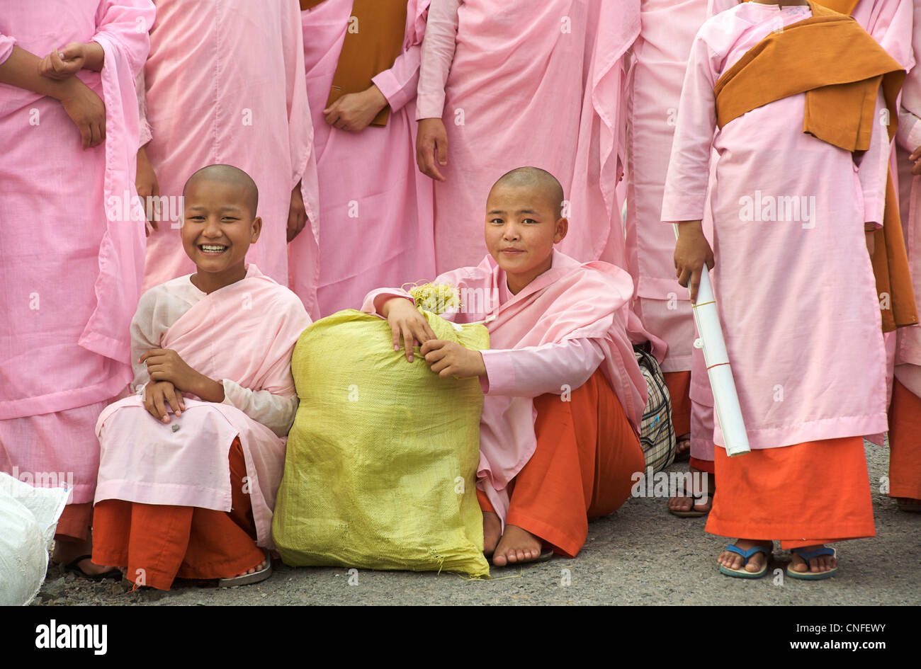 Group of buddhist nuns in pink. Near Hsipaw, Burma. Myanmar Stock Photo