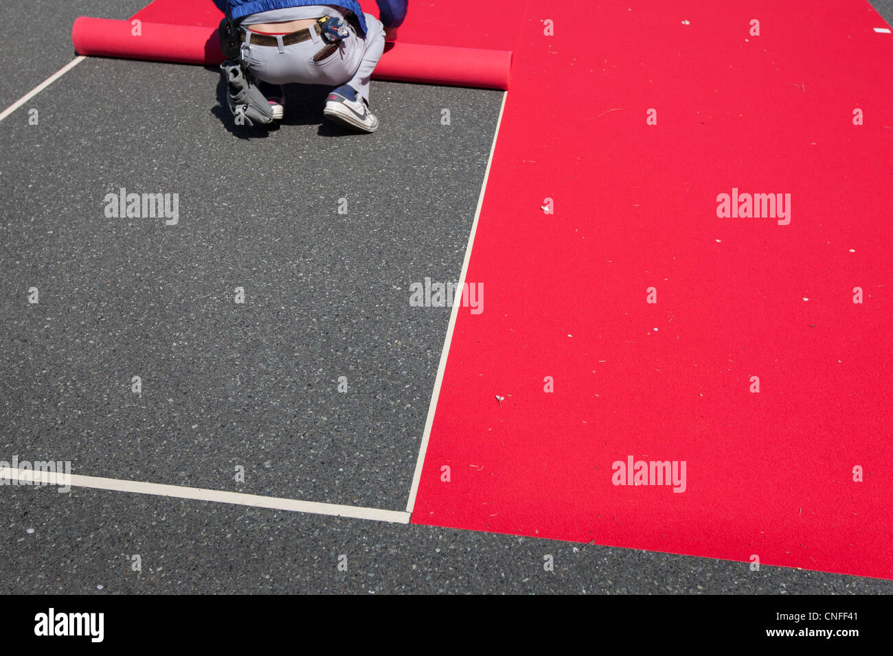 Rolling out the red carpet at entertainment event. Stock Photo