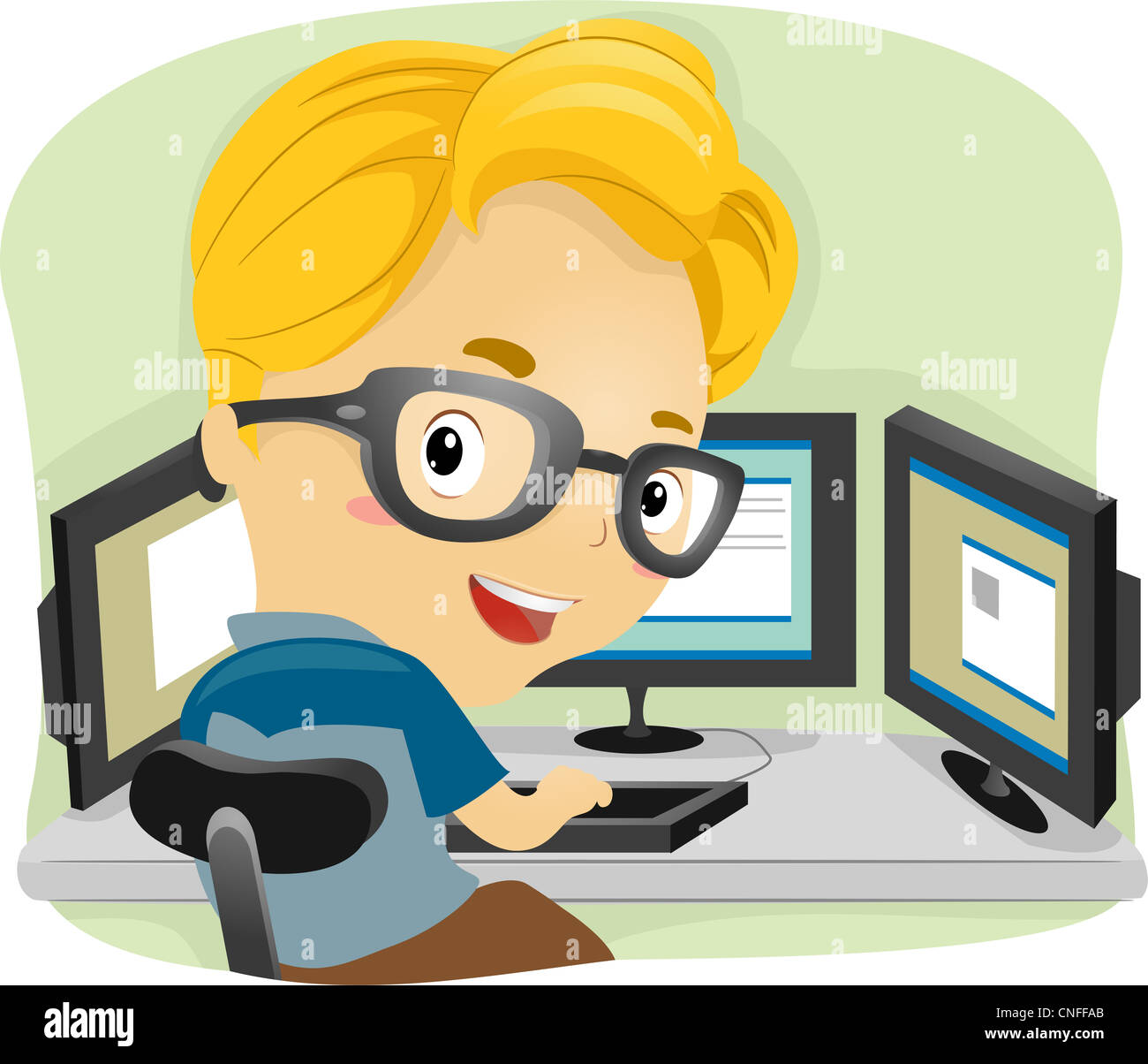 Illustration of a Kid Using Multiple Monitors Stock Photo Alamy