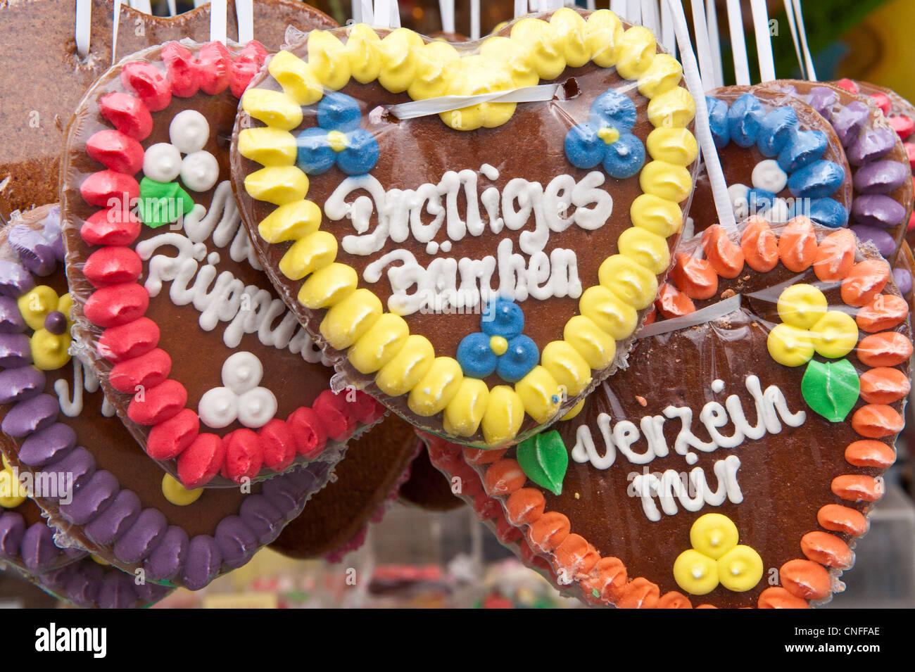 Decorative Lebkuchen gingerbread cookies at the Stuttgart Beer Festival, Cannstatter Wasen, Stuttgart, Germany. Stock Photo
