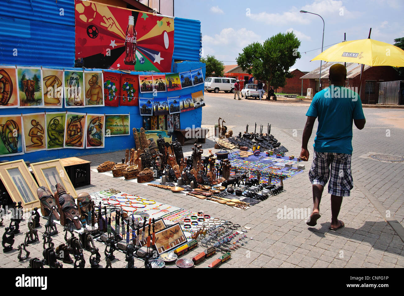 Carvings and jewellery on souvenir stall, Orlando West, Soweto
