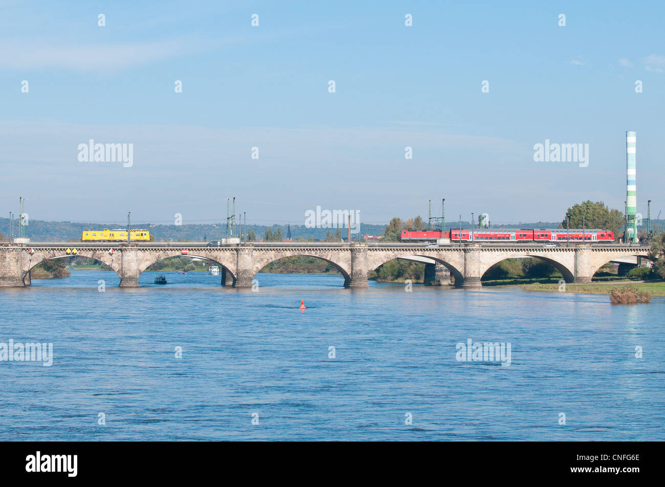 Train on St. Mary's Bridge (Marienbrücke) across Elbe River Dresden, Germany. Stock Photo