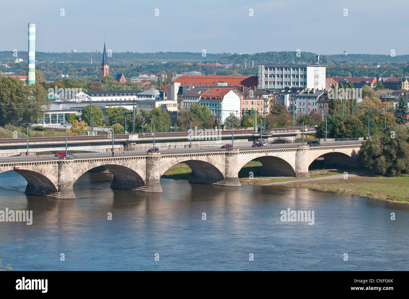 St. Mary's Bridge (Marienbrucke) across Elbe River Dresden, Germany. Stock Photo