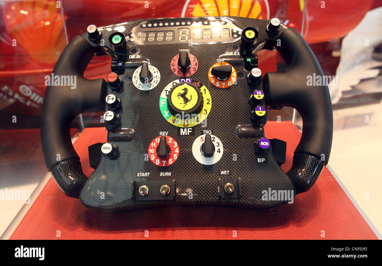 Detail of Ferrari Formula One racing car steering wheel. Stock Photo