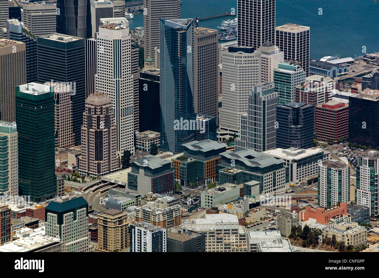 aerial photograph Millenium tower, Pacific Gas and Electric building, 50 Fremont Center, Transbay skyscrapers San Francisco Stock Photo