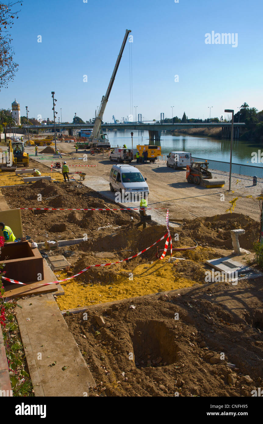 Construction site by the river Seville Andalusia Spain Stock Photo