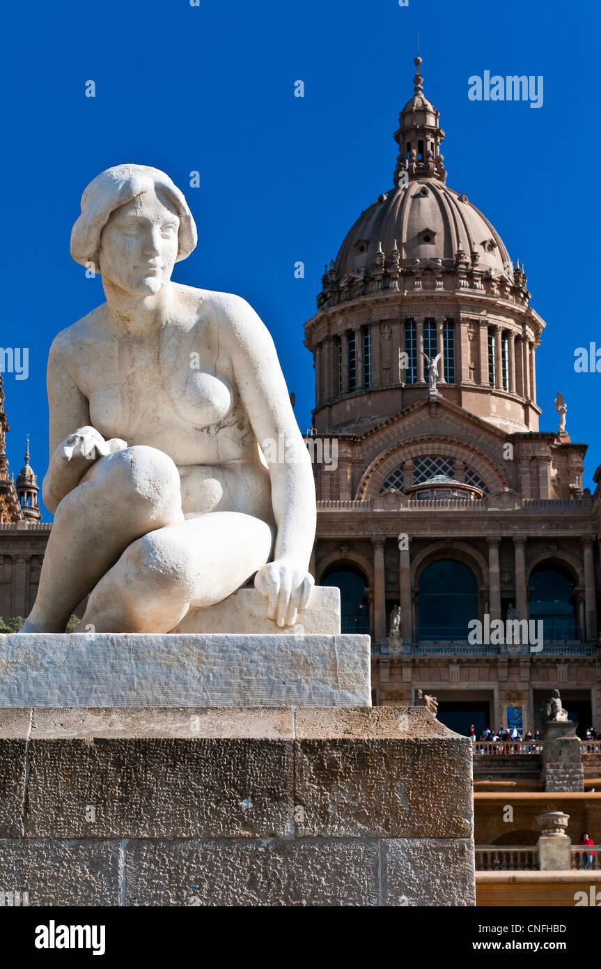 White marble statue outside the National Art Museum of Catalonia, Barcelona, Spain Stock Photo