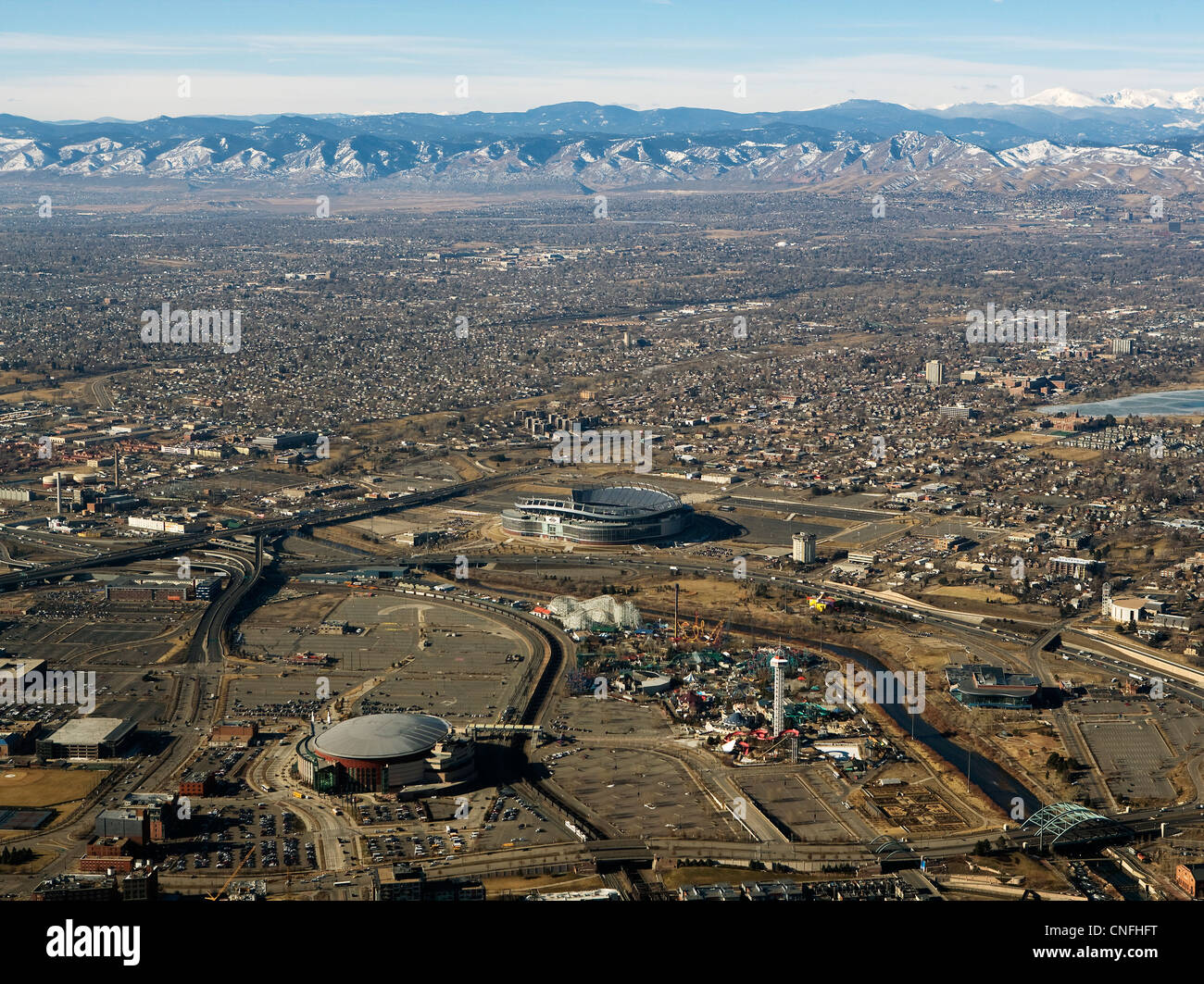 aerial photograph Sports Authority Field at Mile High Stadium Elitch Gardens Amusement Park Denver Colorado Stock Photo