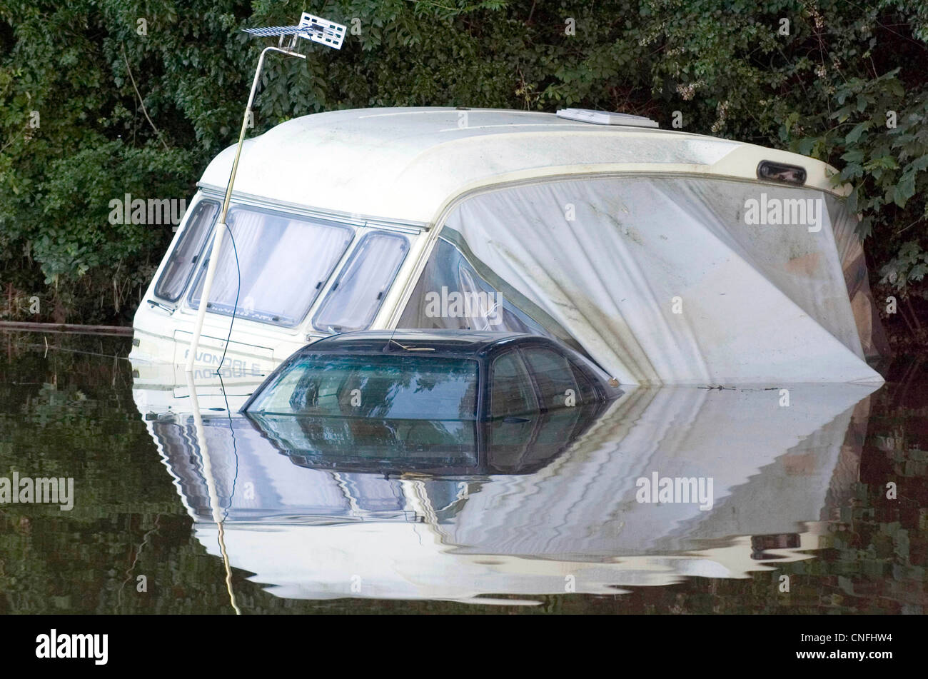 Caravan and a car underwater at Upton Upon Severn after heaving