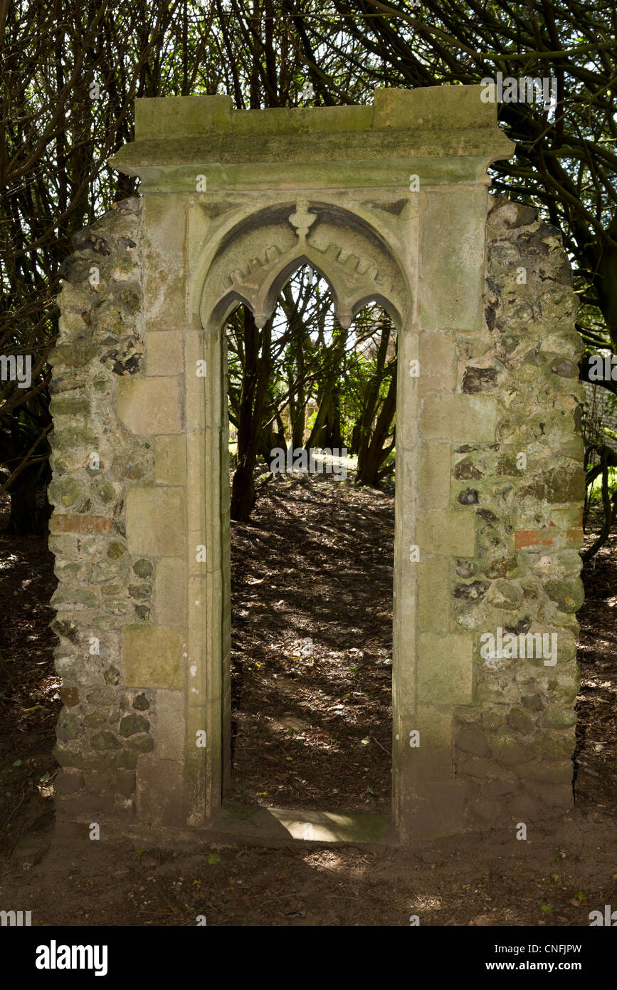 Stone doorway in the grounds of the ruined remains of St Mary's Chapel, Mannington Hall, Norfolk, UK. Stock Photo
